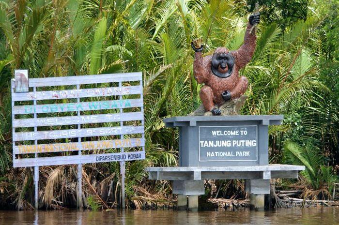 El icónico arco de bienvenida con una estatua de orangután en el parque nacional.