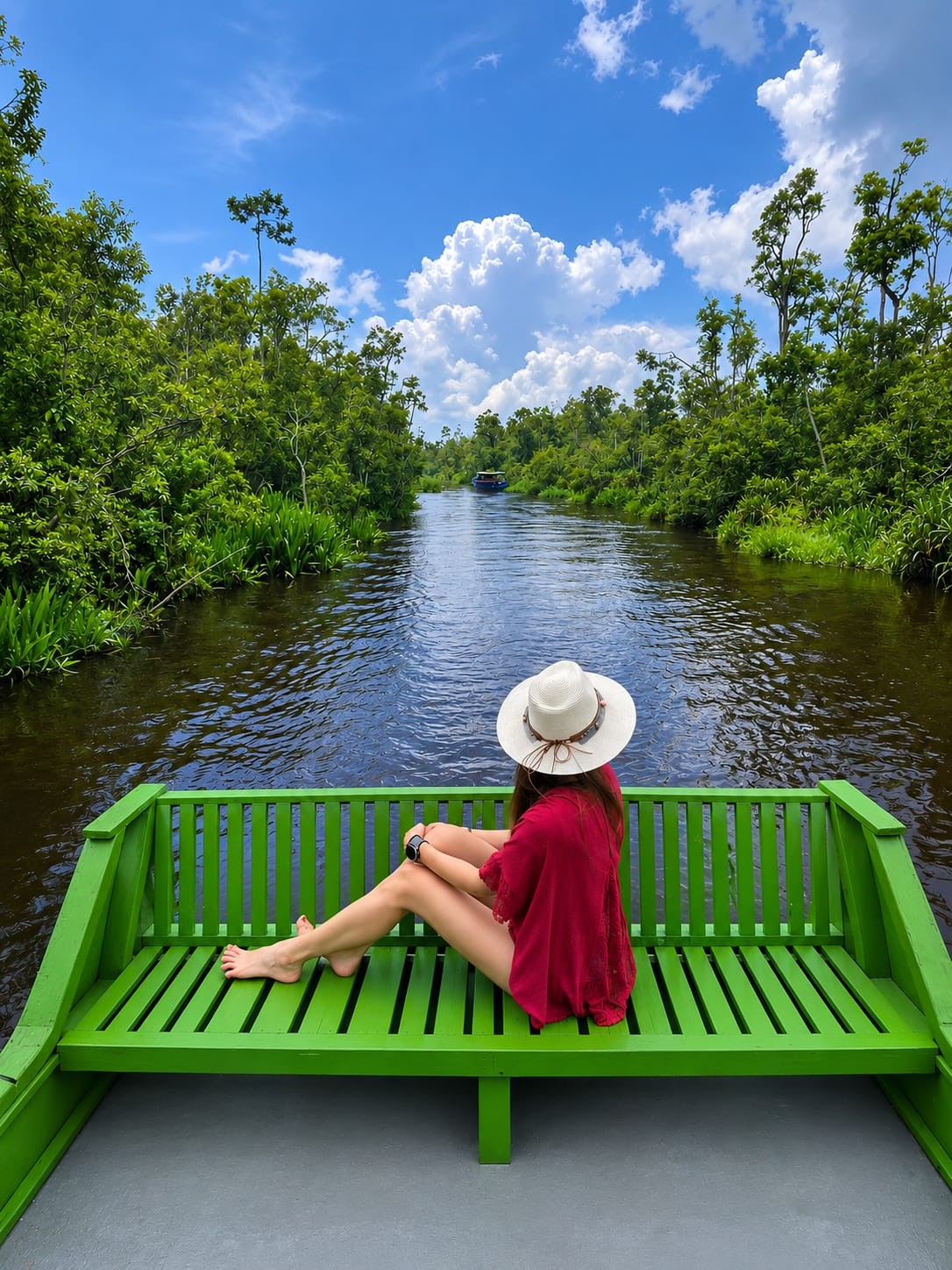 Menikmati pemandangan Sungai Sekonyer yang tenang dari haluan atas dengan pantulan hutan yang sempurna.