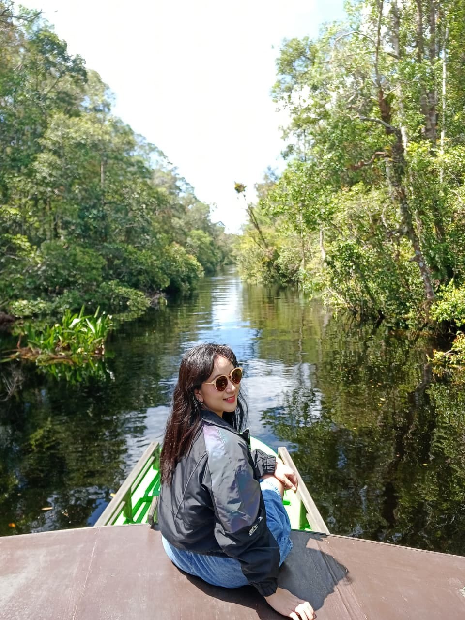Pantulan hutan tropis yang menakjubkan seperti cermin di permukaan sungai hitam yang tenang.