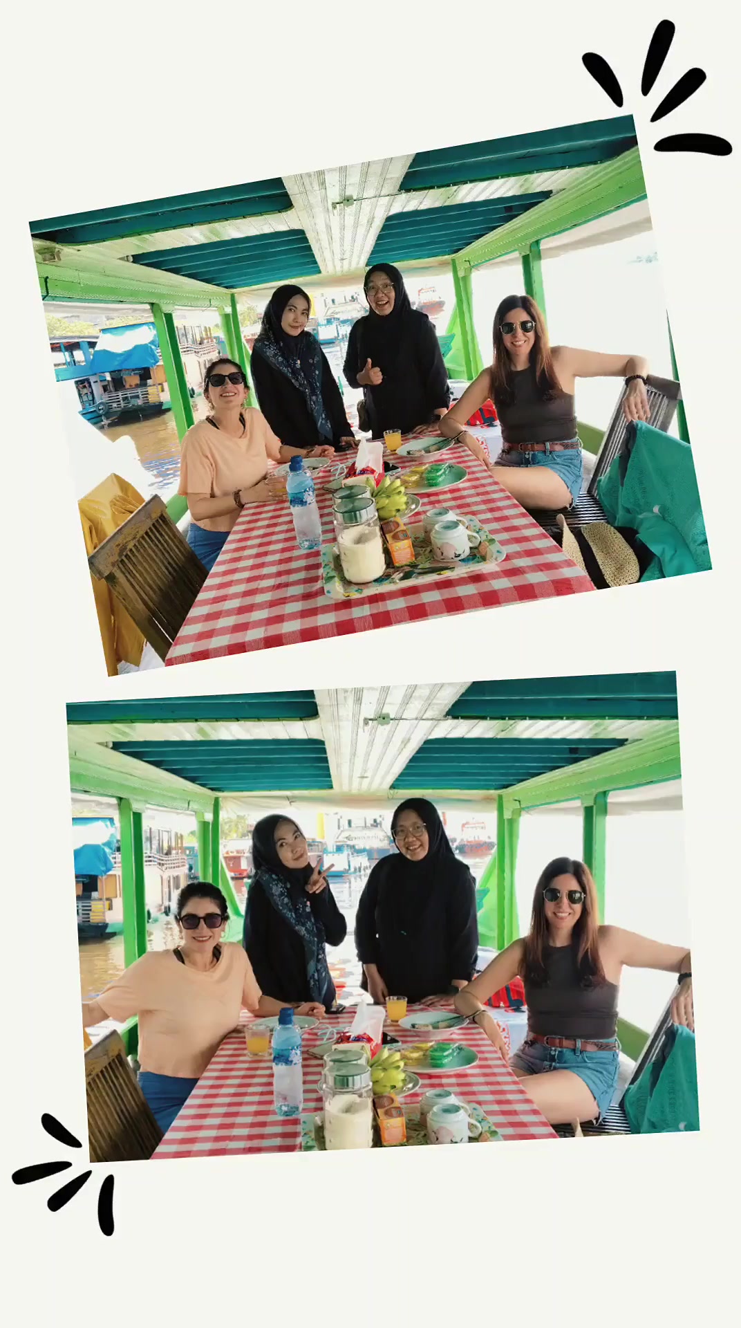Tamu wanita menikmati sarapan di atas klotok bersama pemandu dan kru lokal yang ramah.